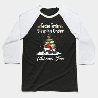 Boston Terrier Sleeping Under Christmas Tree Funny Xmas Baseball T-Shirt